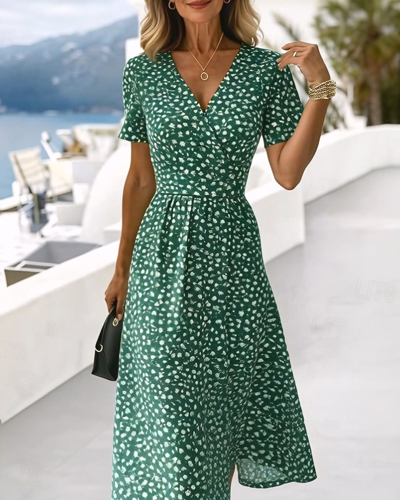 V-Neck Tiny Floral Print Casual Dress