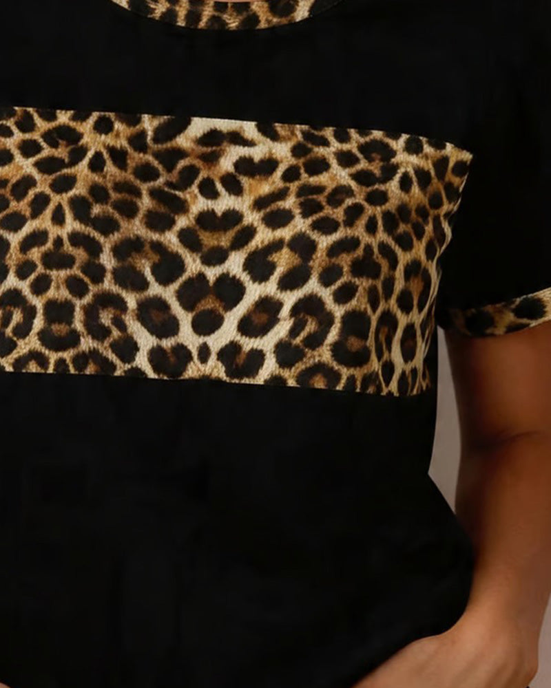 Round Neck Color Block Leopard Print T-Shirt