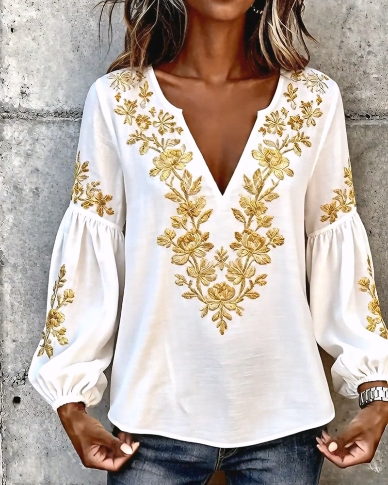 V-Neck Lantern Sleeve Loose Blouse