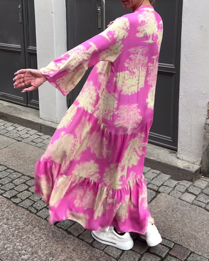 Loose printed V-neck bell sleeve patchwork dress