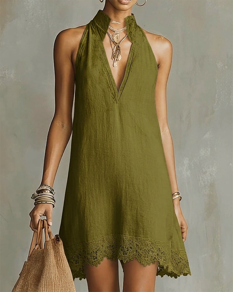 V-Neck Lace Trim Short Dress