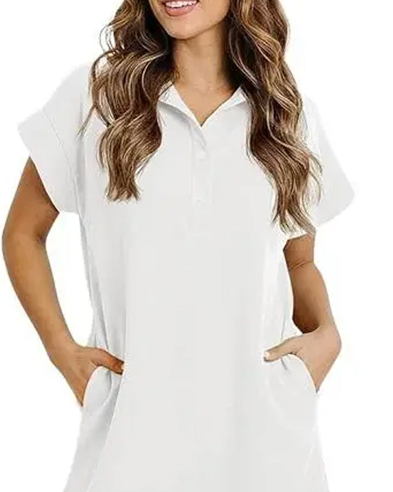 Polo Collar Button Half-Placket Scallop Edge Dress