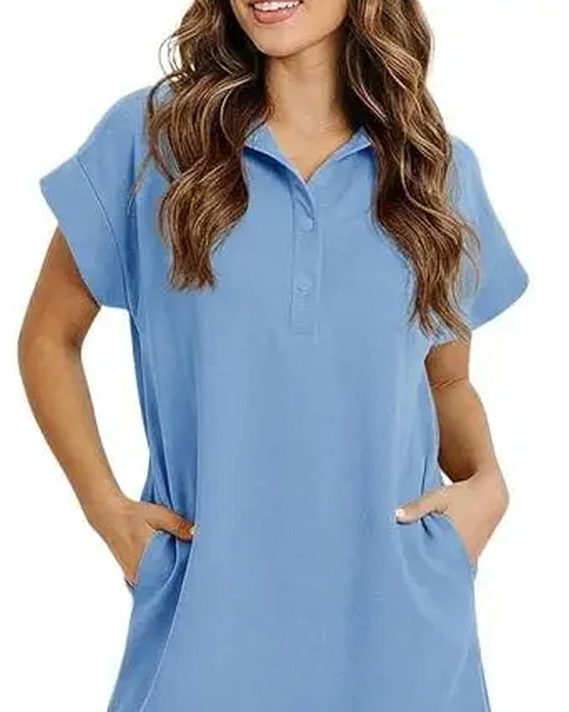 Polo Collar Button Half-Placket Scallop Edge Dress