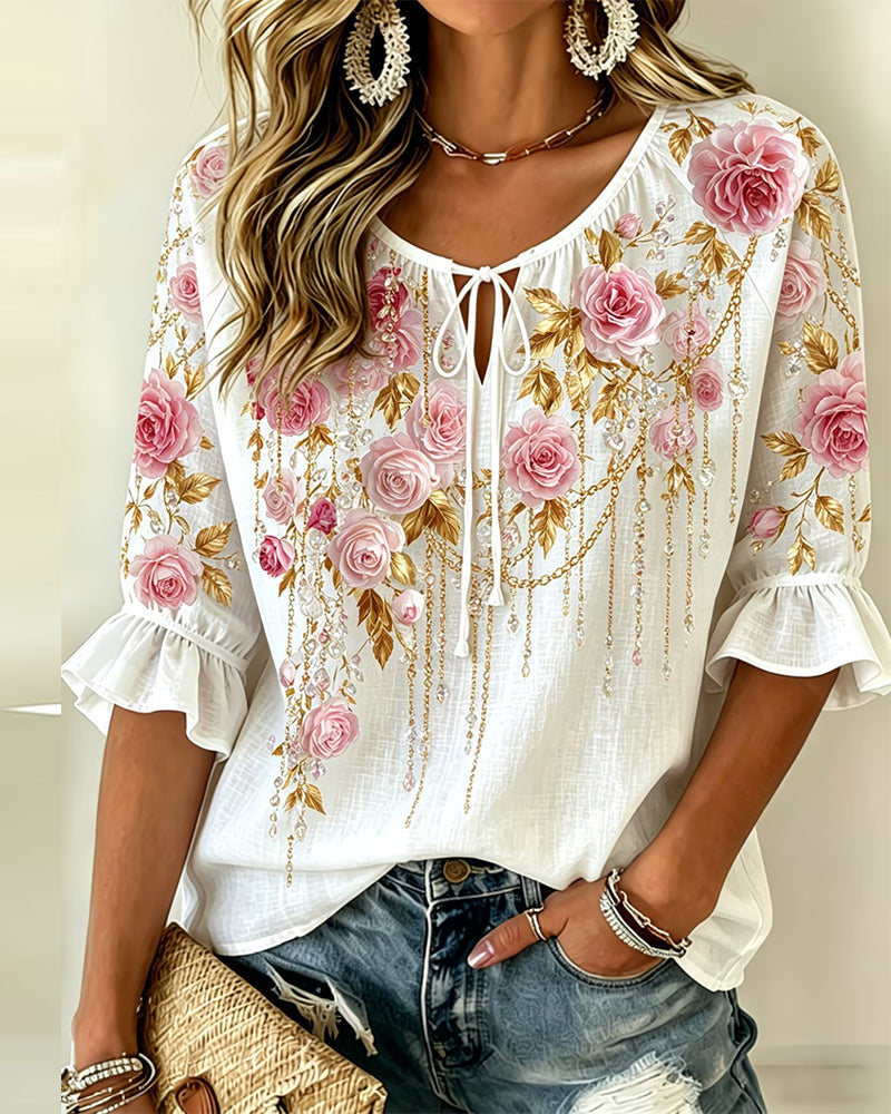 Rose Print Casual Tie-Up Blouse