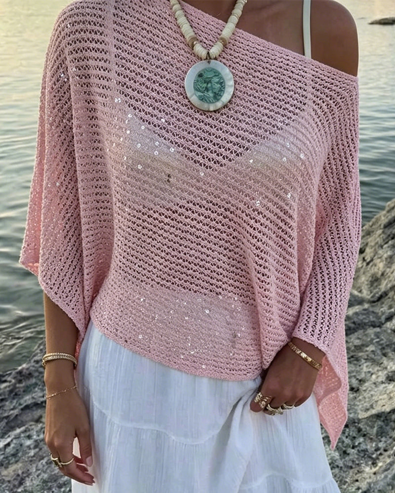 Solid Color Sequined Openwork Pullover