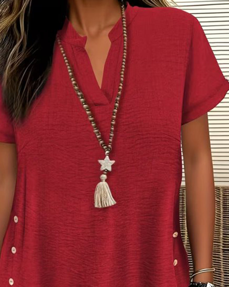 Solid Color Side-Slit Short-Sleeved Blouse