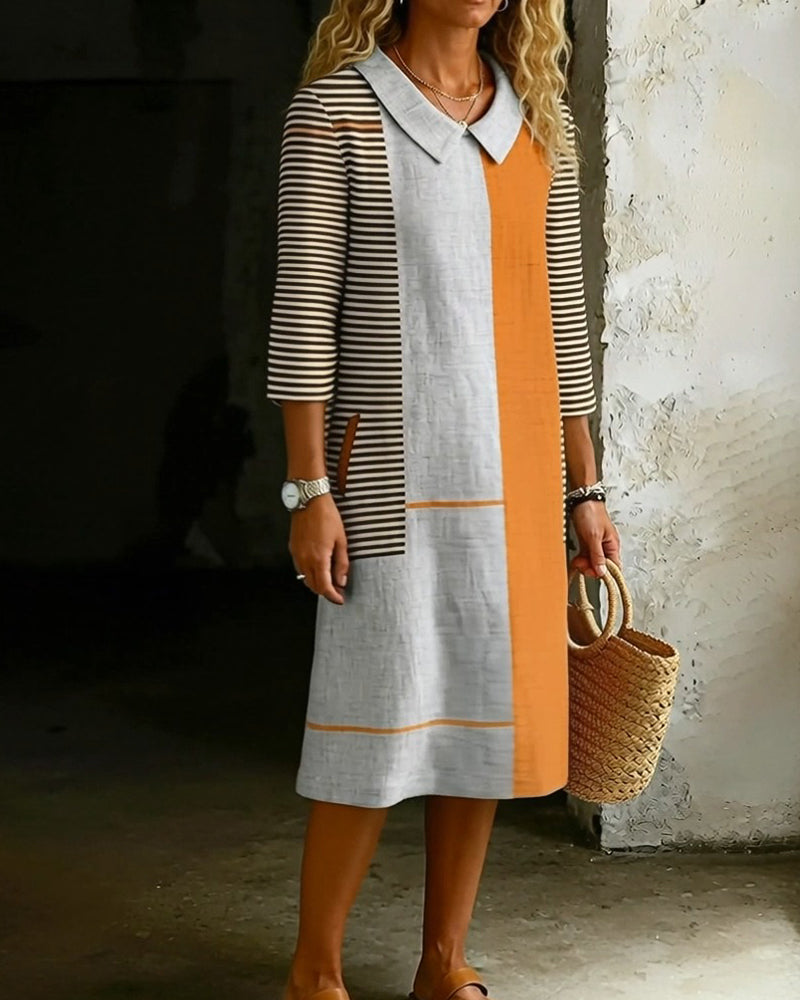 Lapel Striped Contrast Straight Dress