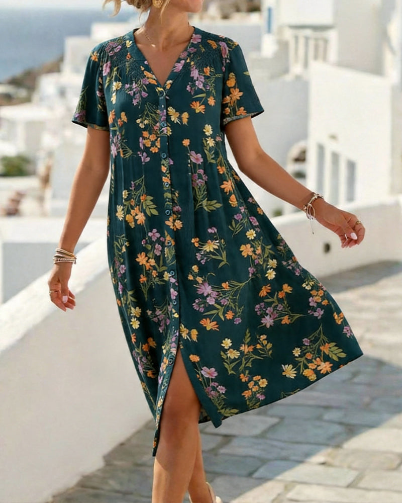 Floral Short-Sleeved V-Neck Dress
