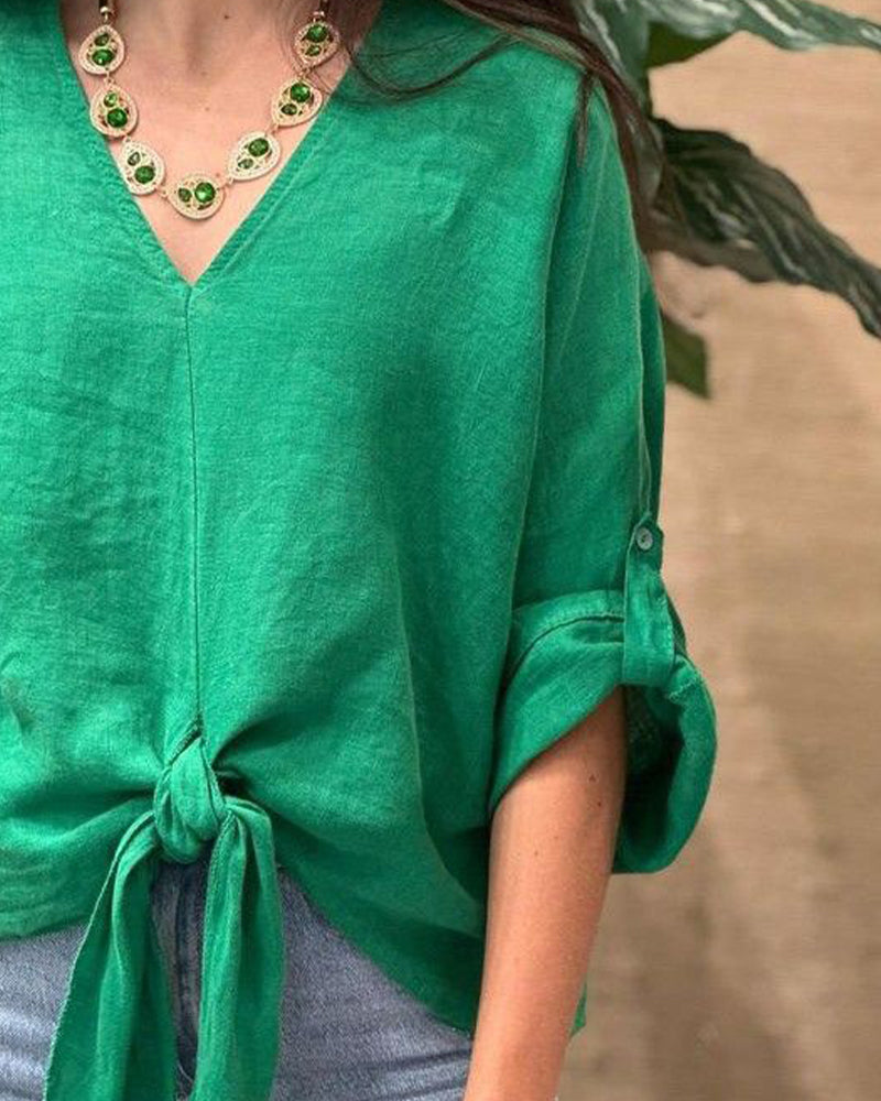 Loose-Fit V-Neck Tie-Front Blouse
