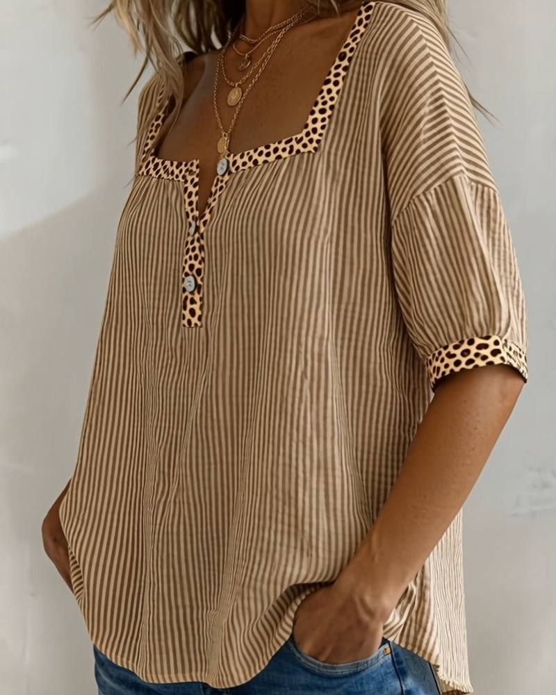Square Neck Short Sleeve Leopard Print Blouse
