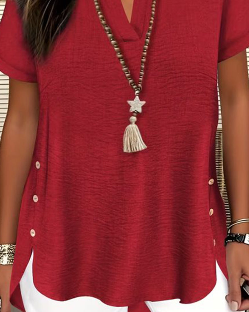 Solid Color Side-Slit Short-Sleeved Blouse