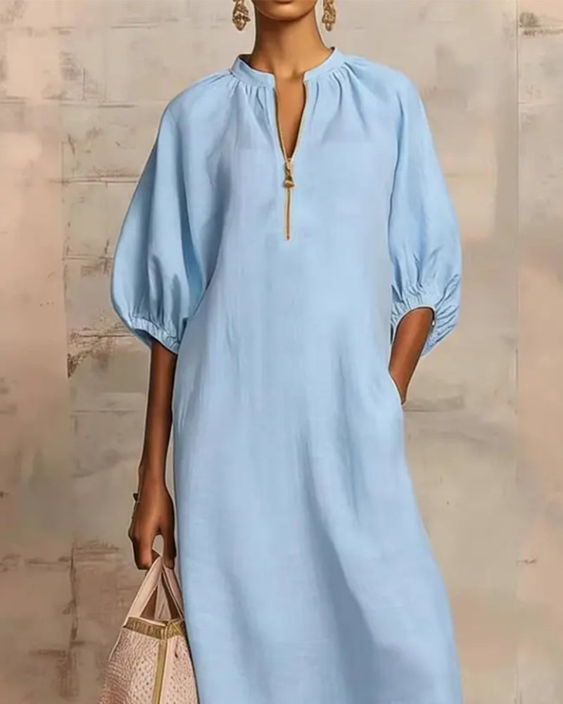 Lantern Sleeve Half-Zip Long Dress