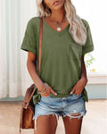 Solid color pocket V-neck short-sleeve T-shirt