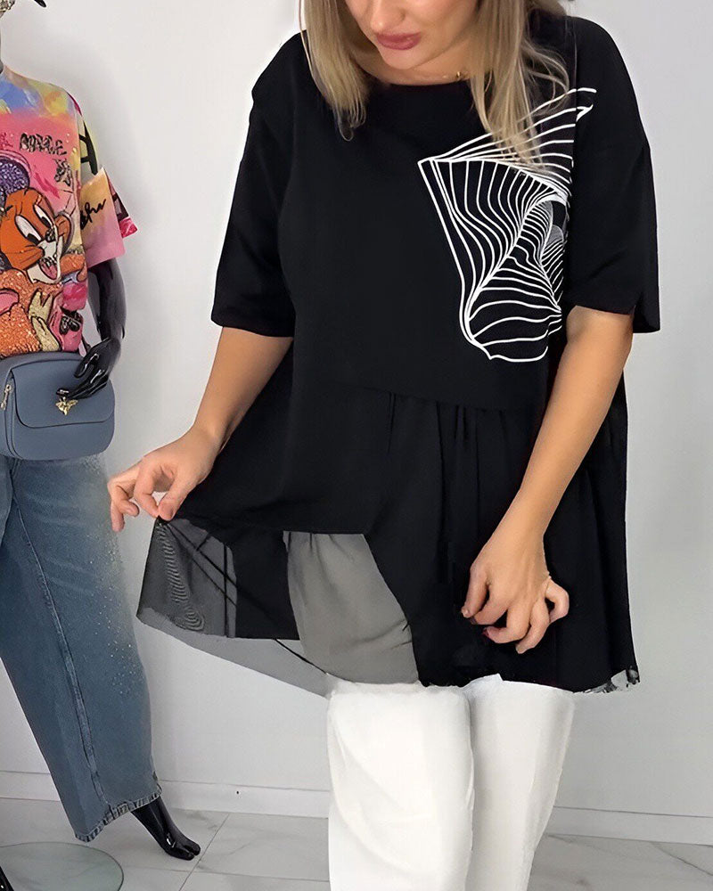 Geometric Print Mesh Splice T-Shirt