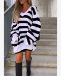 Contrast stripe v-neck casual knitted sweater dress