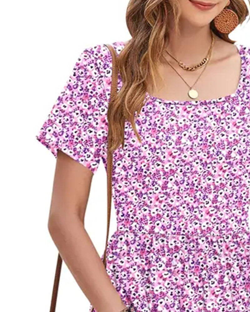 Square Neck Floral Short-Sleeve A-Line Dress