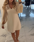 Three-Dimensional Flower V-Neck Lantern Sleeve Dress