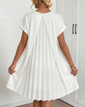 Pleated Short-Sleeved V-Neck Dress