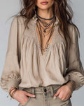 Deep V Neck Puff Sleeve Blouse