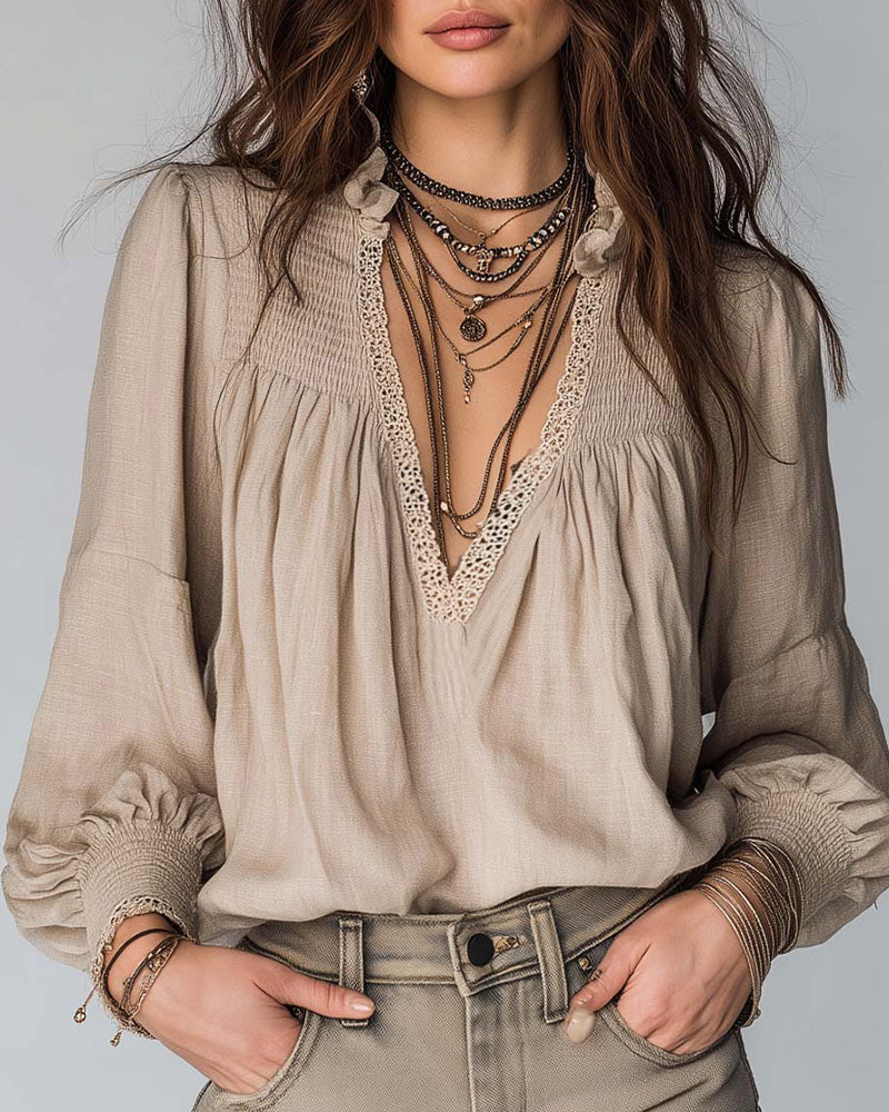 Deep V Neck Puff Sleeve Blouse