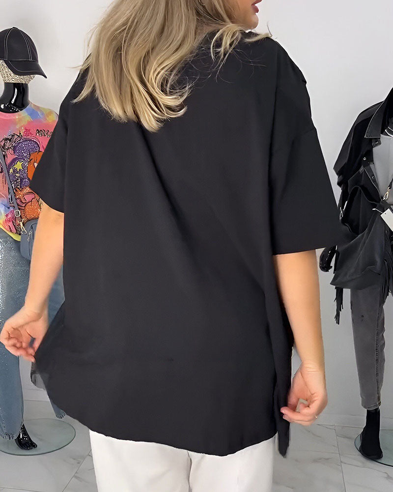 Geometric Print Mesh Splice T-Shirt