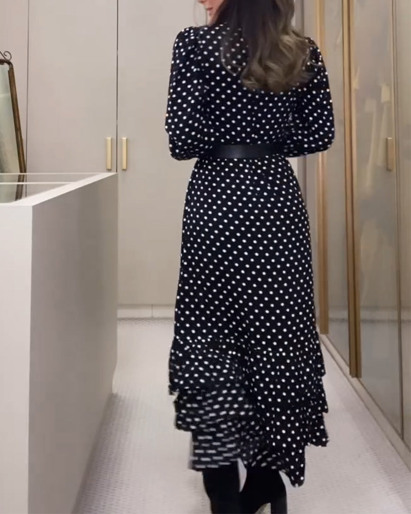 Fashionable polka dot button slit ruffle dress
