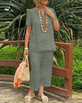 Short Sleeve Shirt Elastic Waist Cropped Pants Two-Piece Sets
