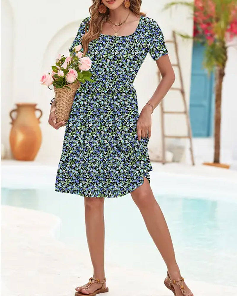 Square Neck Floral Short-Sleeve A-Line Dress