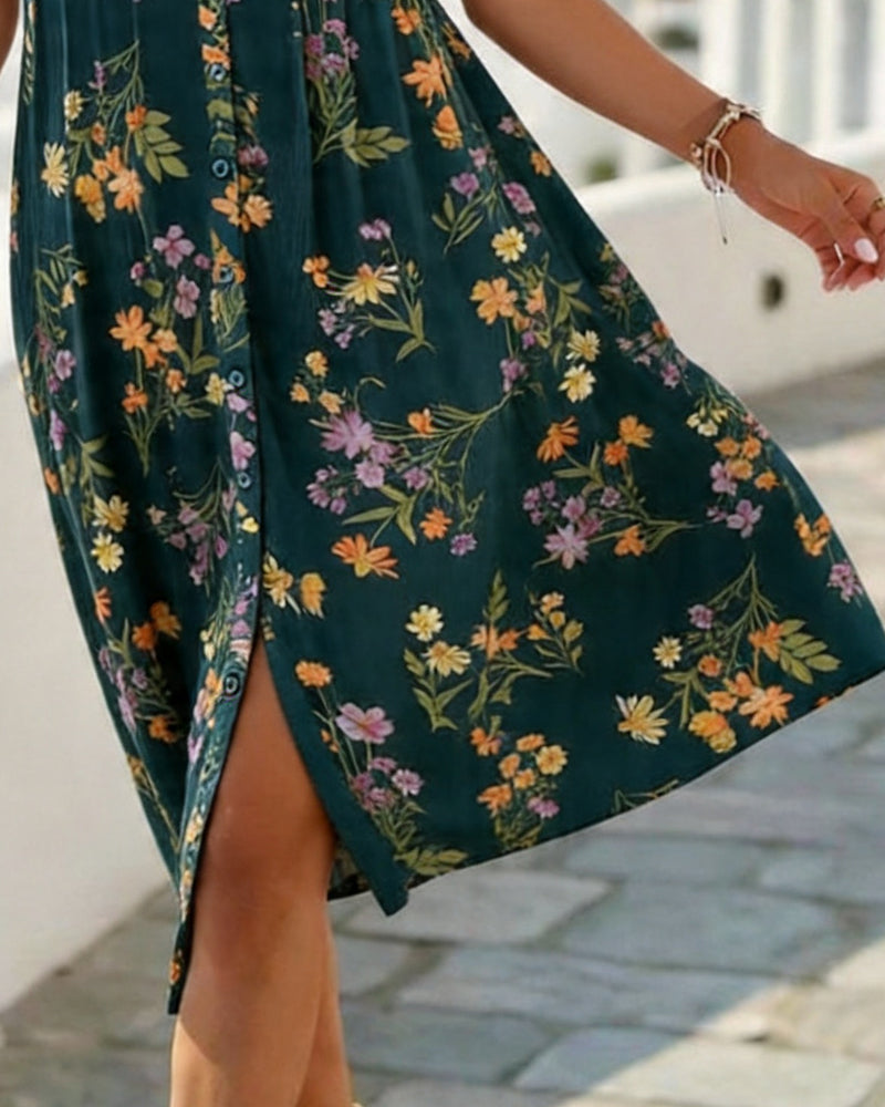Floral Short-Sleeved V-Neck Dress