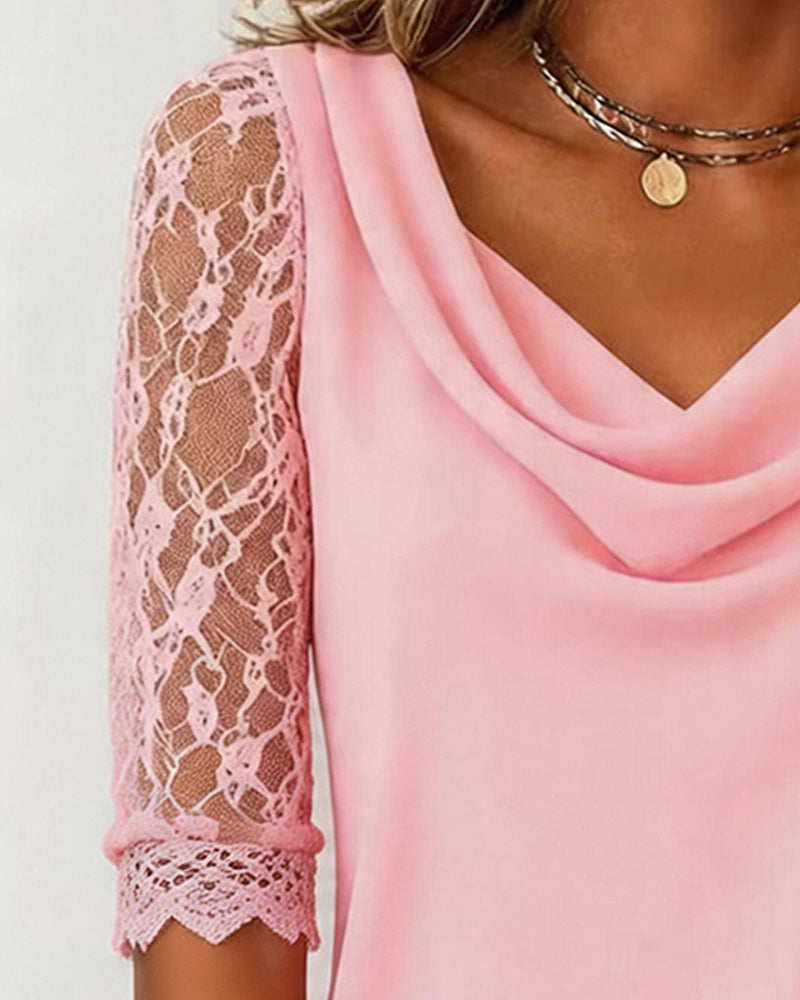 Cowl Neck Lace Sleeve Patchwork Blouse