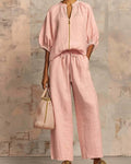 Zipper Crewneck Top Wide Leg Pants Two-Piece Sets