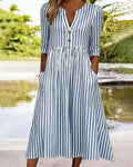 Blue And White Striped Three-Quarter Sleeve Dress