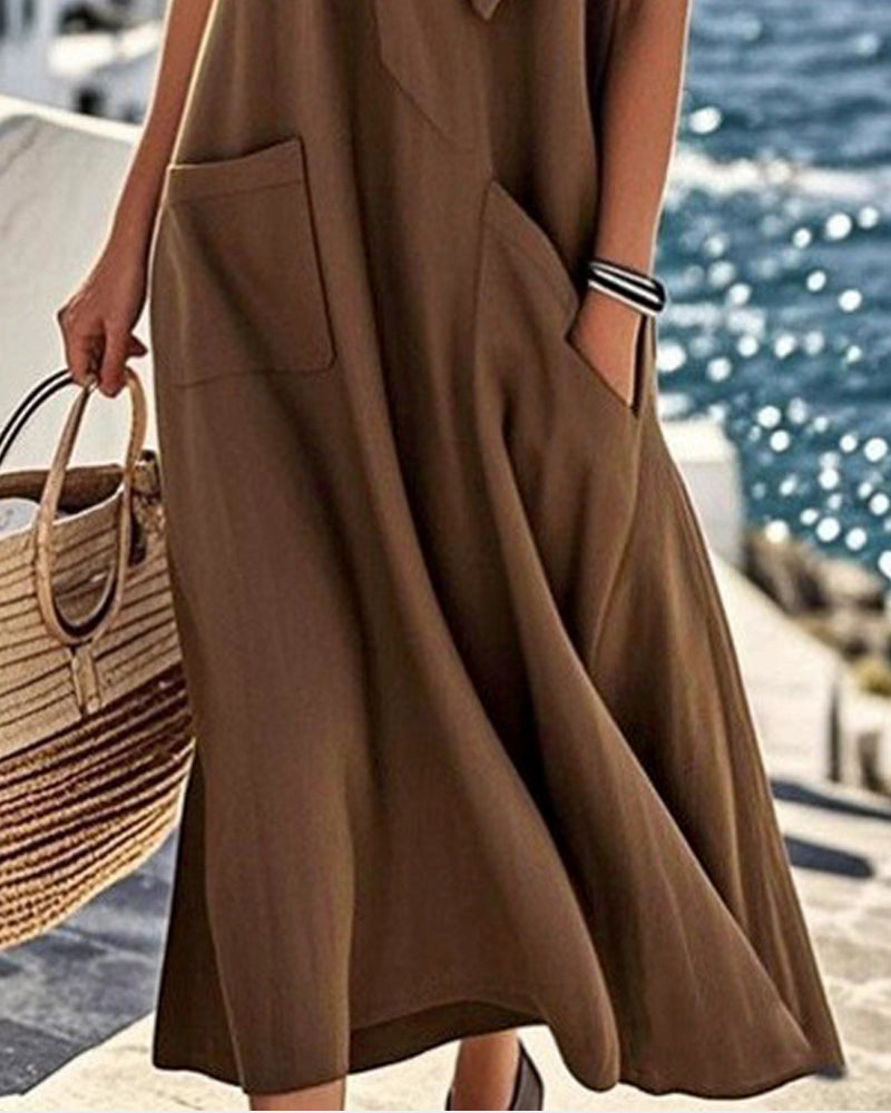 Solid Color Bow Collar Short-Sleeve Dress