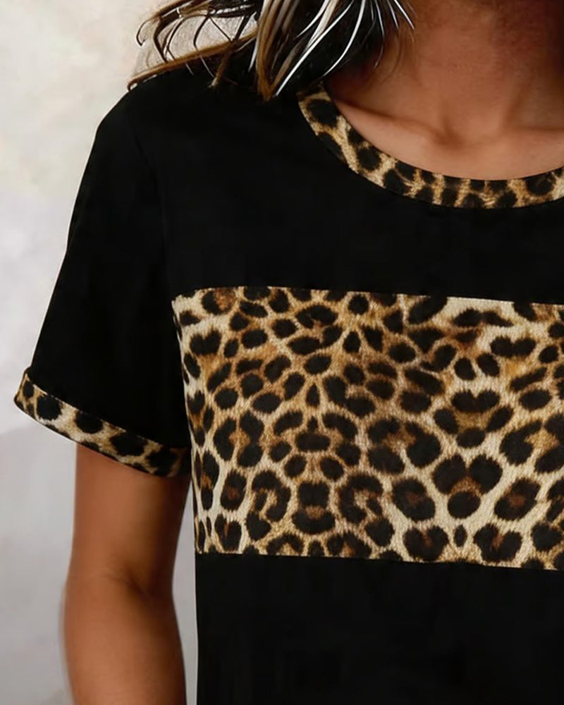 Round Neck Color Block Leopard Print T-Shirt