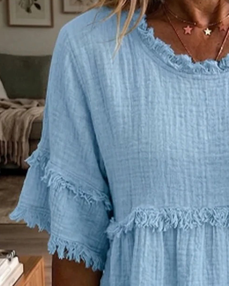Solid Raw Hem Bell Sleeve Babydoll Blouses