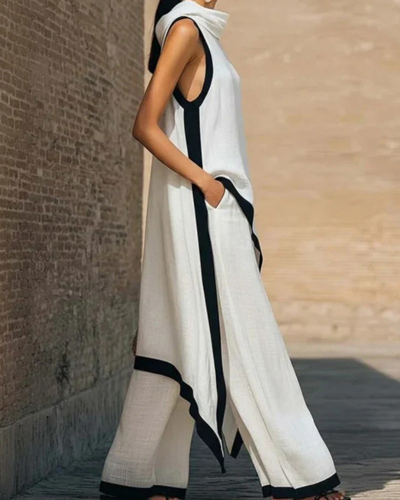 Sleeveless Slant Hem  Wide Leg Trousers Two-Piece Set