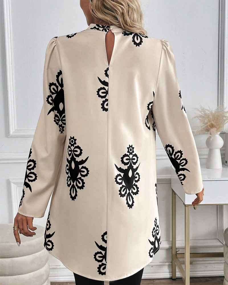 Puff Sleeve Irregular Print Blouse