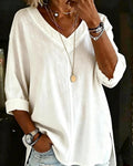 100% Cotton V-Neck Three-Quarter Sleeve Slit Top