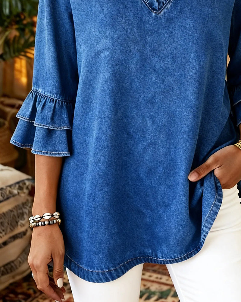 Denim Ruffle V-Neck Bell Sleeve Blouse