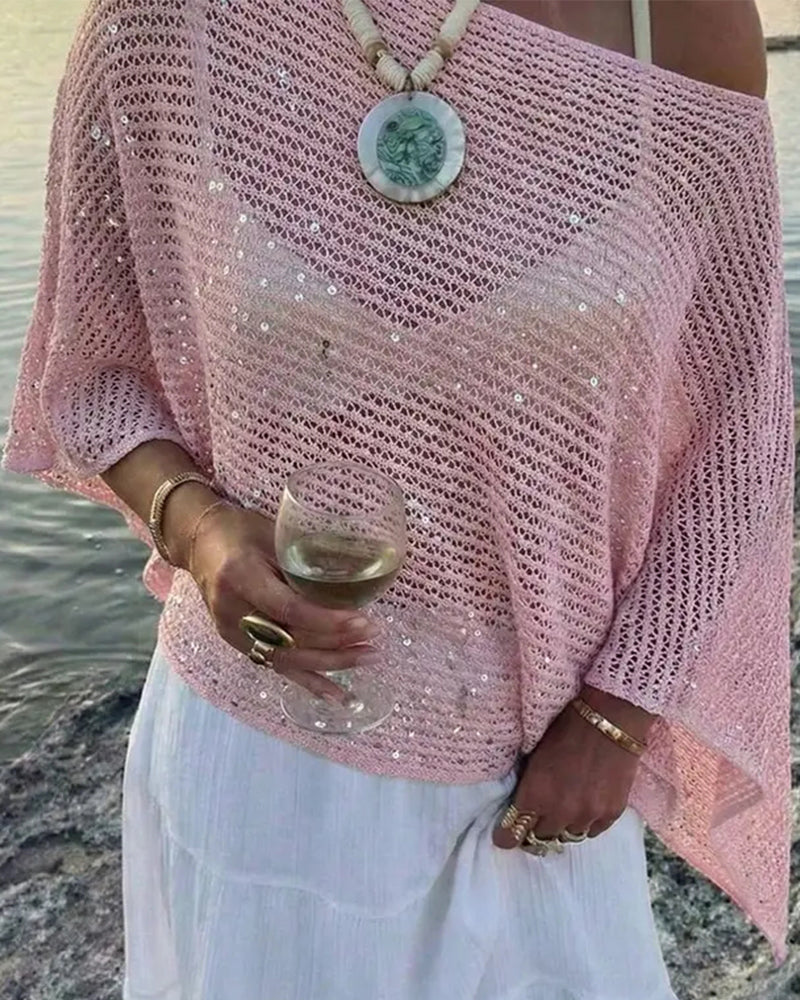 Solid Color Sequined Openwork Pullover