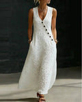 V-Neck Floral Pattern Diagonal Button Long Dress
