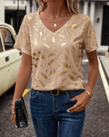 V-Neck Leaf Print Casual T-Shirt