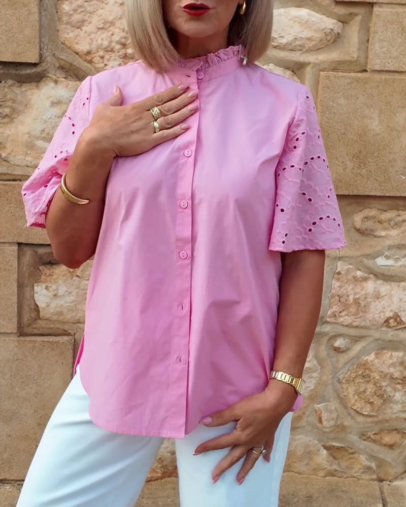 Stand-Up Collar Ruffled Openwork Shirt