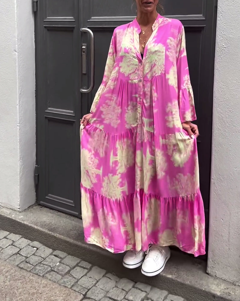 Loose printed V-neck bell sleeve patchwork dress