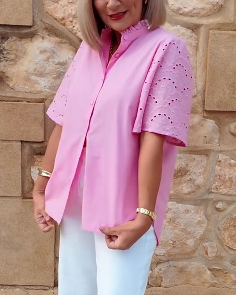 Stand-Up Collar Ruffled Openwork Shirt