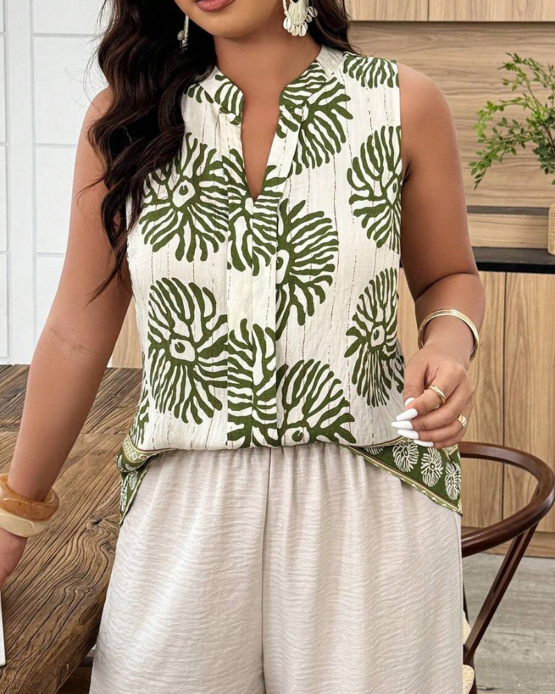 Plant Print Vest-Style Sleeveless Blouse