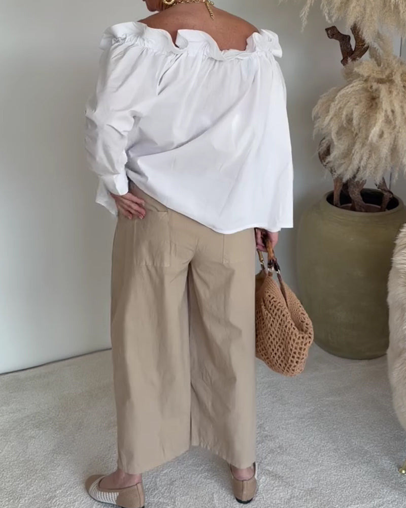 Ruffle Trim Off-Shoulder Button-Front Long Sleeve Blouse