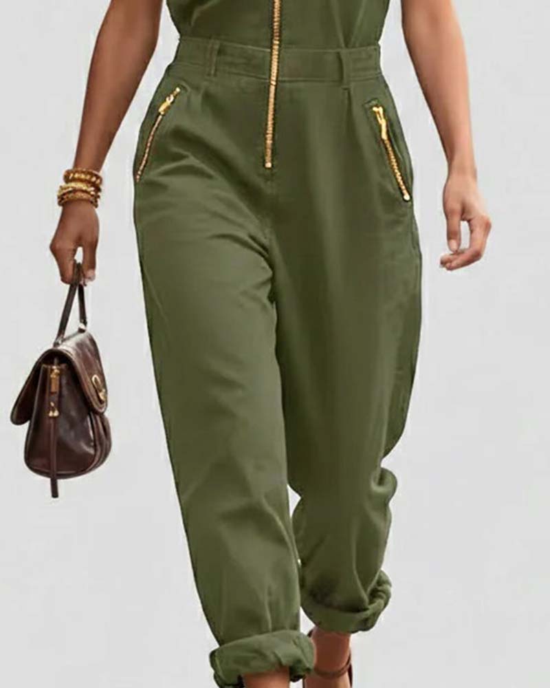 Zipper Front Sleeveless Jumpsuit