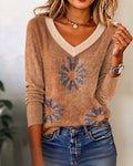 Casual V-Neck Floral Pattern Pullover