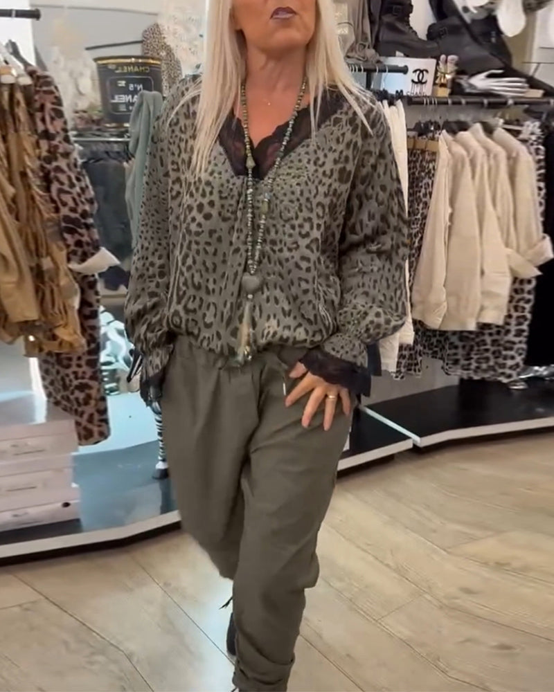 Fashion leopard print V-neck lace patchwork blouse